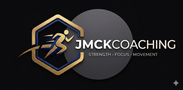 Logo of JMCK Coaching with a stylized runner and text on a dark background